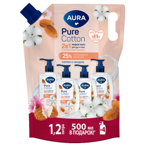 Жидкое мыло "Aura pure cotton" 2в1 для рук и тела миндаль и хлопковое молочко 1200мл